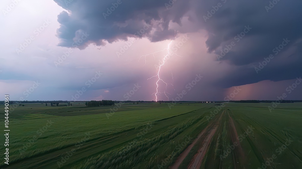 Dramatic lightning strikes above a green field under a stormy sky. Dramatic lightning strikes above a green field under a stormy sky.