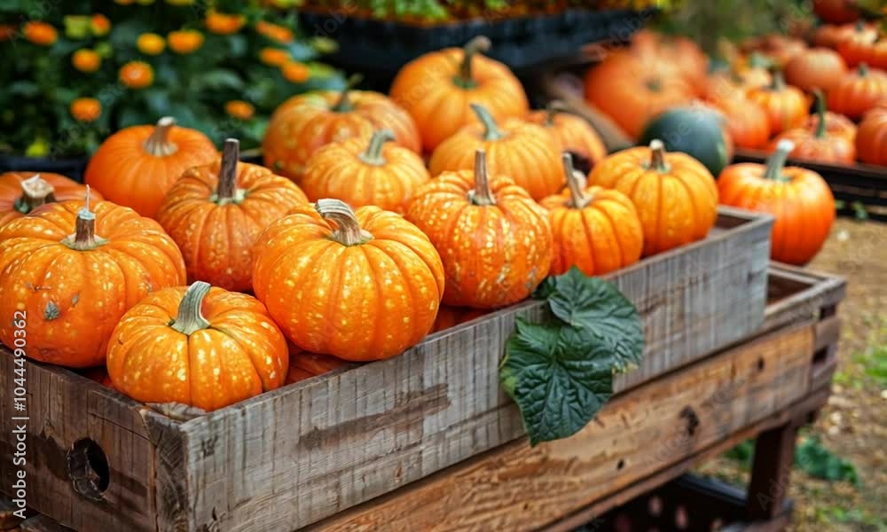 A rustic wooden crate filled with vibrant orange pumpkins, perfect for autumn decoration. A rustic wooden crate filled with vibrant orange pumpkins, perfect for autumn decoration.