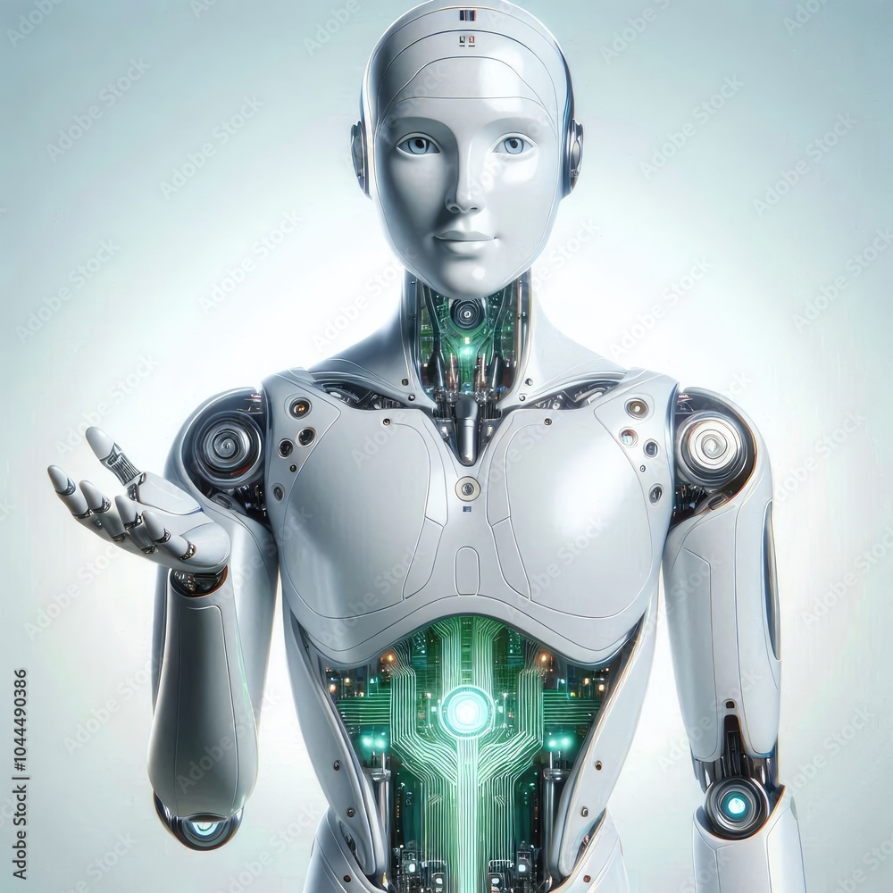 Futuristic Humanoid Robot with Outstretched Arm: Symbol of Artificial Intelligence, Human-Robot Collaboration, Machine Learning, and Intelligent Automation in Modern Technology Futuristic Humanoid Robot with Outstretched Arm: Symbol of Artificial Intelligence, Human-Robot Collaboration, Machine Learning, and Intelligent Automation in Modern Technology