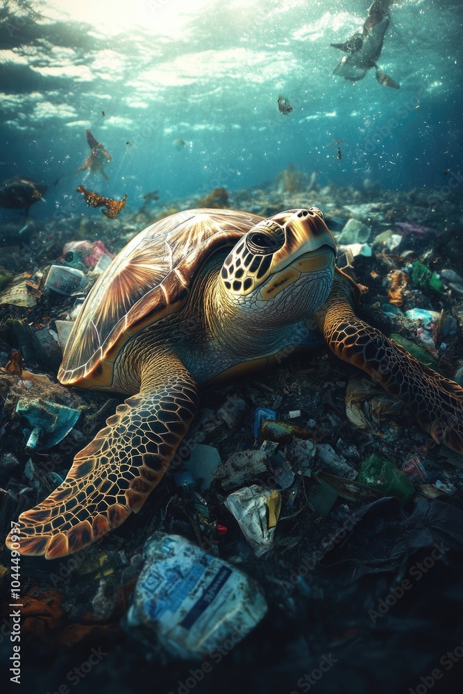 Fototapeta premium Turtle on Trash Pile