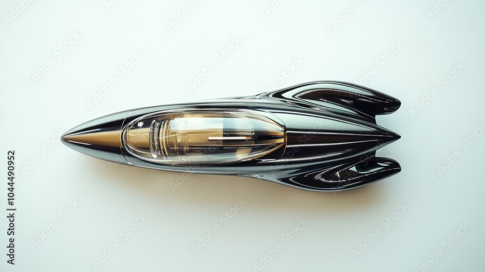 top-down view of an amazing quantum capsule concept vehicle with smooth curves and metallic finishes on a plain white backdrop