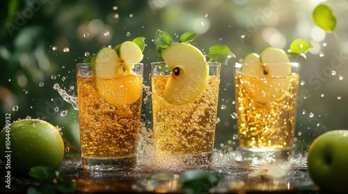 Refreshing apple-infused beverages with splashes, set in a lush green garden bathed in sunlight during a warm afternoon photo