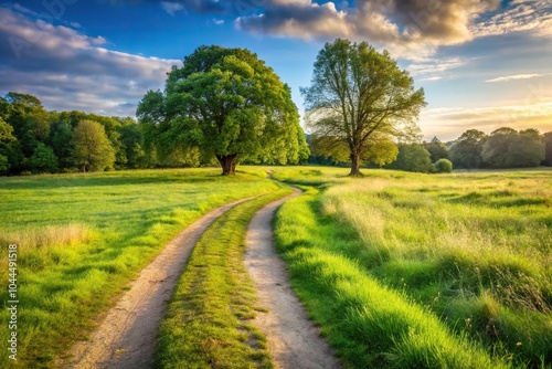 Scenic pathway through grass field and trees