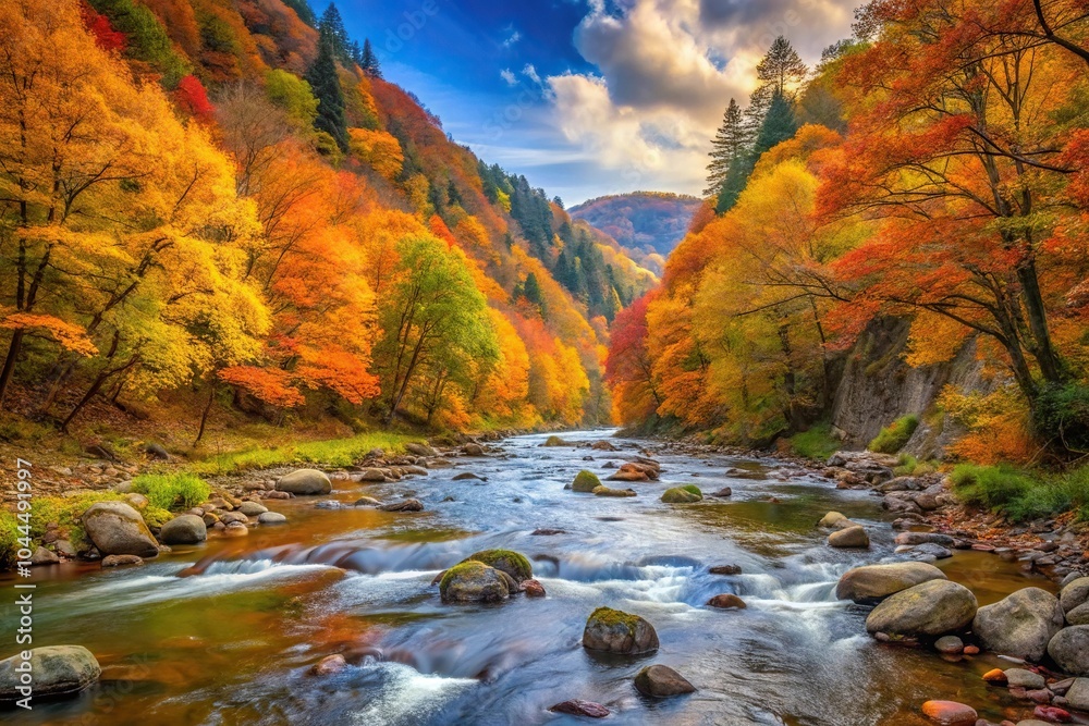 Scenic river flowing through autumn trees in a valley Scenic river flowing through autumn trees in a valley