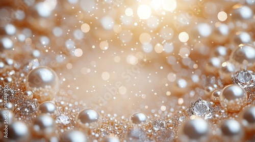 Sparkling pearls and diamonds create a mesmerizing display of elegance and luxury against a shimmering golden backdrop
