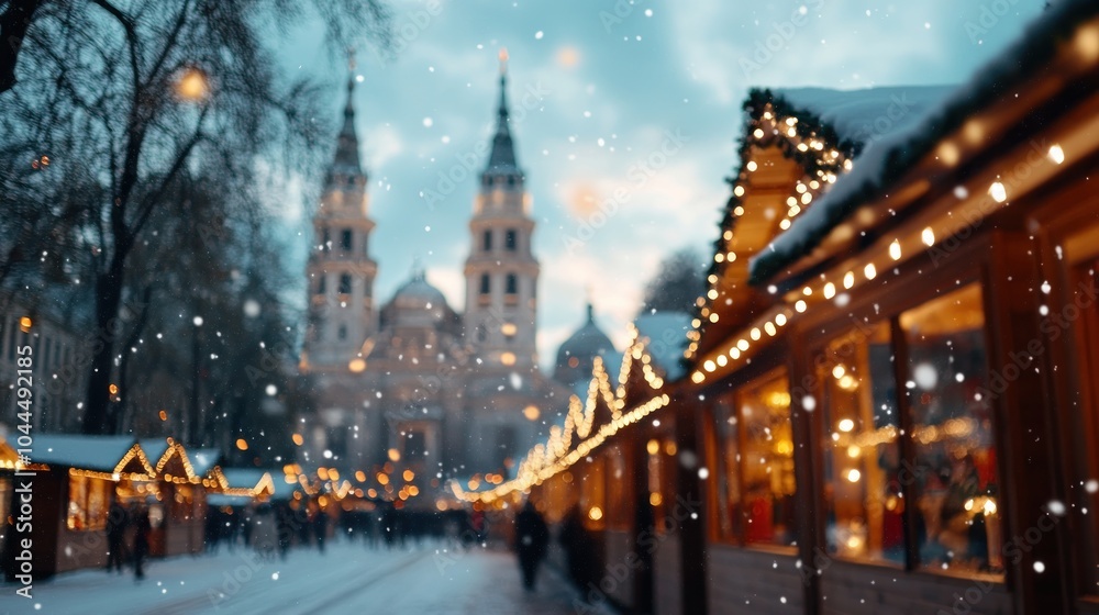 Naklejka premium Enchanting Winter Wonderland Snow Falling Gently Over a Christmas Market, Transforming It Into a Magical Festive Scene The Lights Twinkle, The Air Is Crisp, And The Joy Is Contagious Capture The
