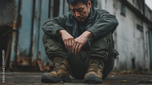 Contemplative Asian Man in Late 30s Sitting Outside Factory Building, Melancholic Mood with Focus on Worn-out Shoes and Hands