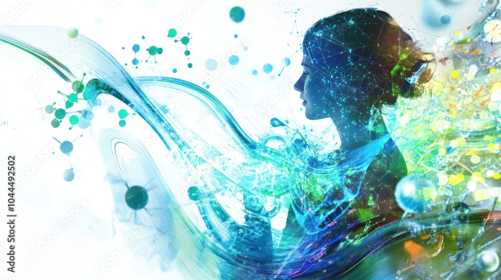 Abstract visualization of a quantum engineer surrounded by digital waves and atomic Abstract visualization of a quantum engineer surrounded by digital waves and atomic