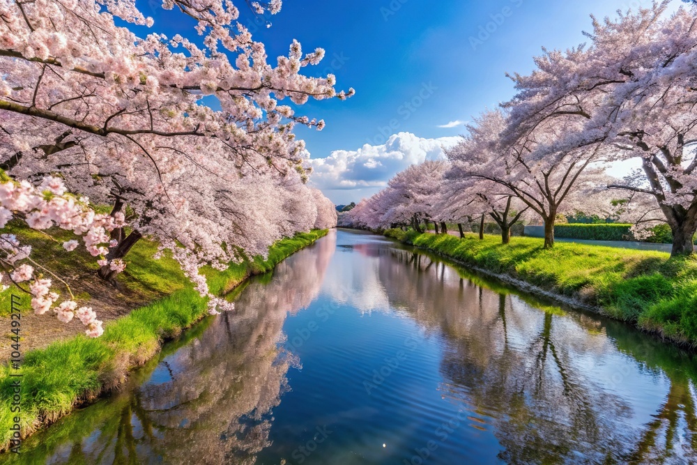 Scenic riverbank with cherry blossoms in spring