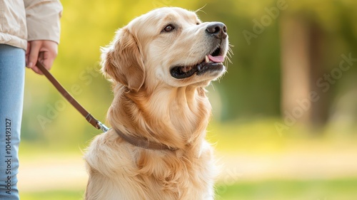 Golden retriever dog on a leash in a sunny outdoor setting.