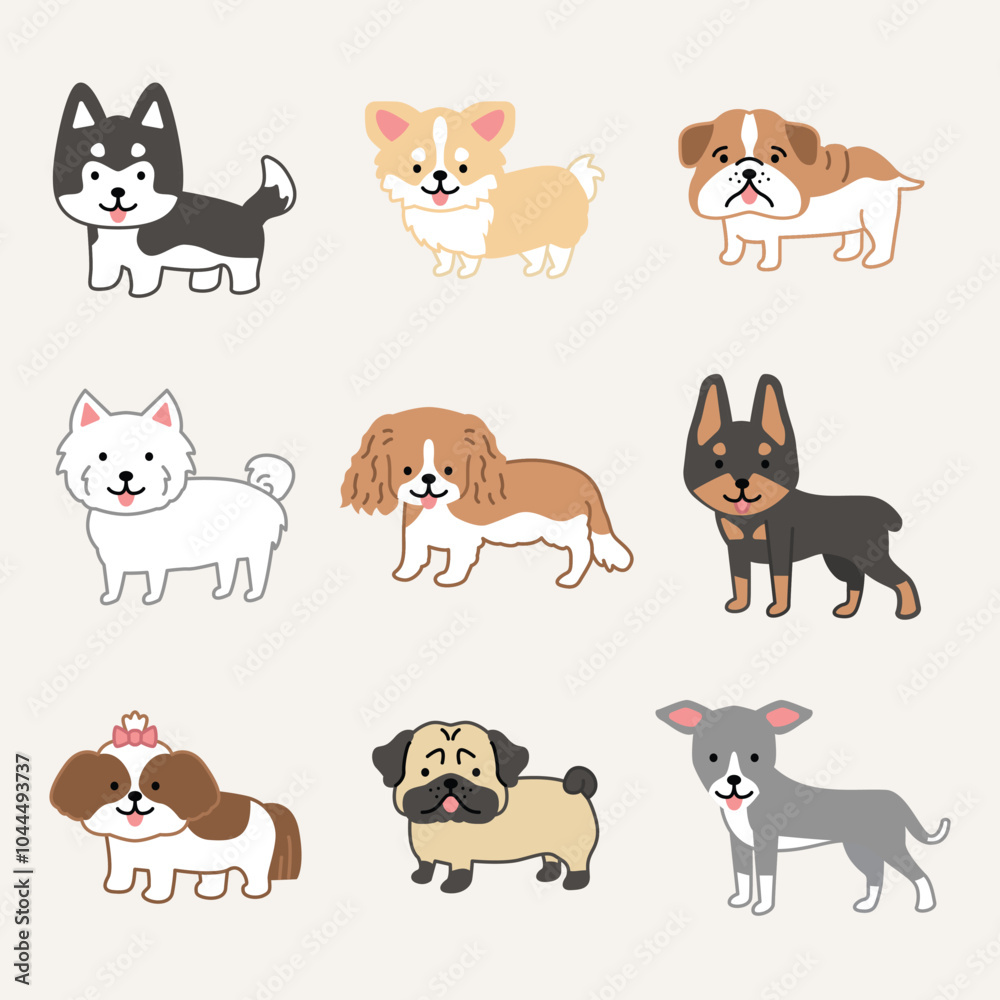 Various dog breeds cute puppy illustration japanese style minimalist simple flat vector design element bundle happy smiling pet owner drawing Various dog breeds cute puppy illustration japanese style minimalist simple flat vector design element bundle happy smiling pet owner drawing