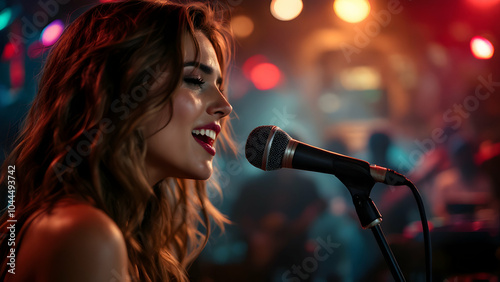 Young Woman Singing on Stage with Microphone