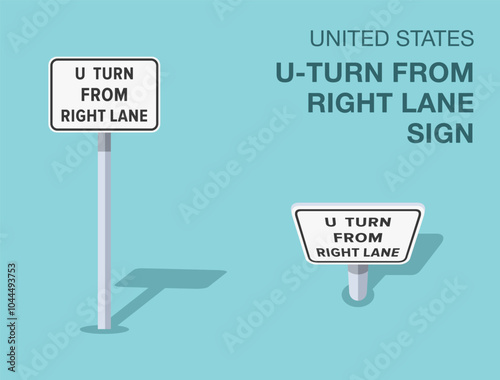 Traffic regulation rules. Isolated United States "u-turn from right lane" road sign. Front and top view. Flat vector illustration template.