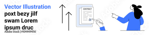 A hand signing a contract document while a woman points at the contract. Two upward arrows symbolize progress. Ideal for business, contracts, agreements, documentation, and progress. Banner