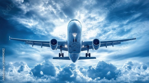 A plane flying through a dramatic sky filled with clouds.