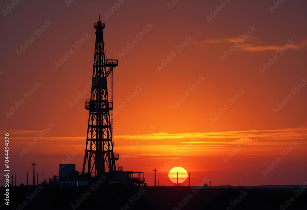 Silhouette of oil rig against vibrant sunset sky, creating dramatic scene Silhouette of oil rig against vibrant sunset sky, creating dramatic scene