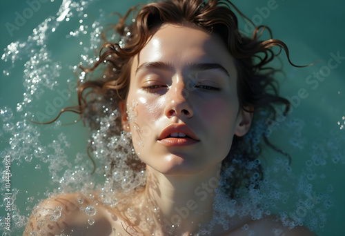 serene woman with curly hair submerged in water, surrounded by bubbles