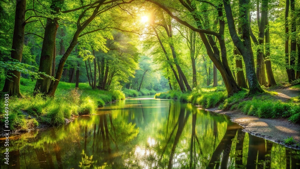 Scenic sunlit path through green forest with stream Scenic sunlit path through green forest with stream