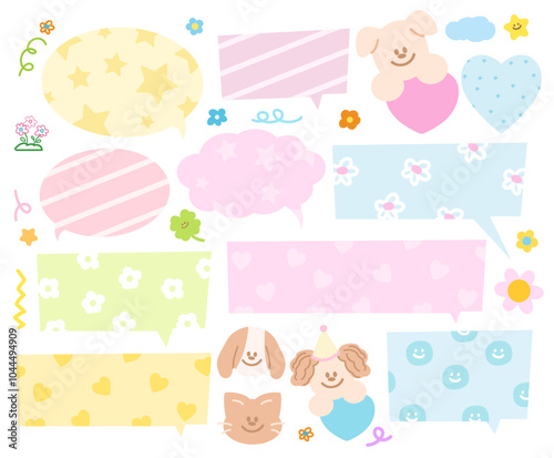 Cute text bubbles with puppy, cat, flowers for cartoon, comic, chatting, dialogue, masking tape, stickers, communication, back to school, name tag, kids and children, animals print, pet shop, vet