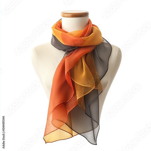 Elegant scarf in vibrant orange and yellow hues draped over a mannequin, perfect for stylish outfits.