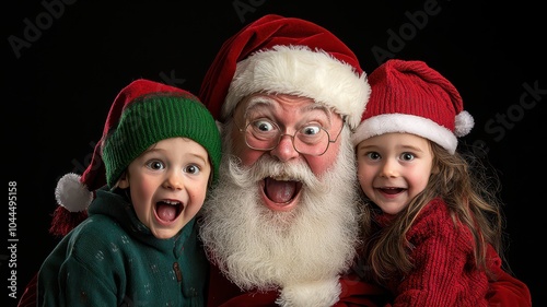 Joyful children smiling with Santa Claus, holiday spirit, festive clothing photo