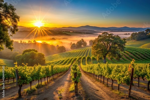 Wallpaper Mural Scenic sunrise over vineyard hills with trees reflecting light Torontodigital.ca