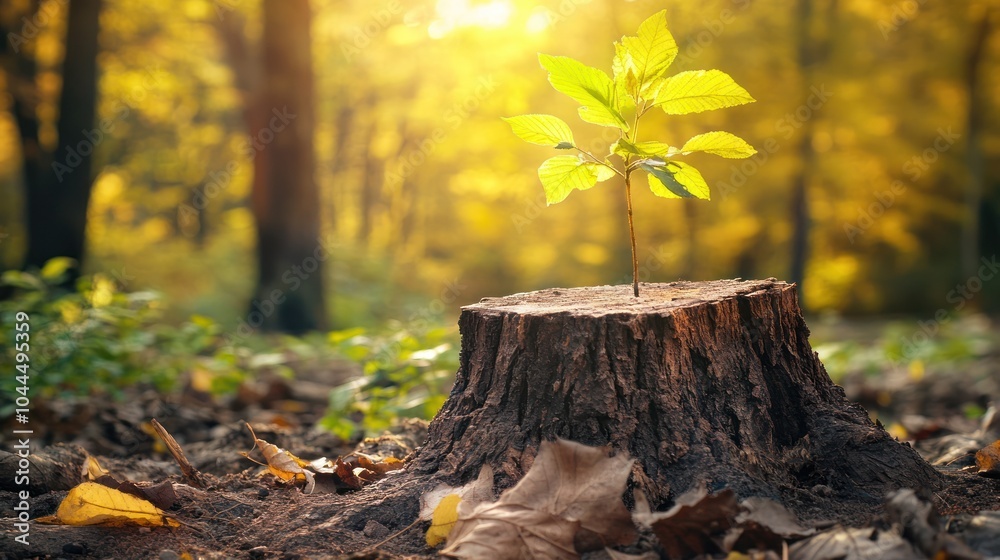 A young plant grows from a tree stump in a sunlit forest, symbolizing renewal and resilience. A young plant grows from a tree stump in a sunlit forest, symbolizing renewal and resilience.