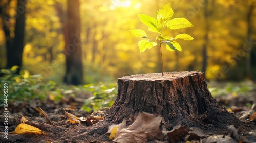 A young plant grows from a tree stump in a sunlit forest, symbolizing renewal and resilience.