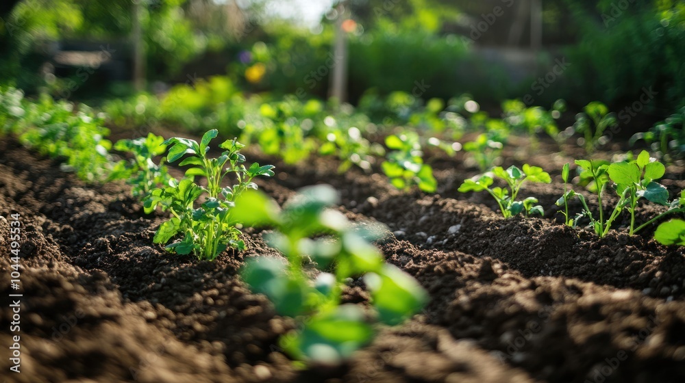 A close-up of young plants growing in rich soil, showcasing a thriving garden environment. A close-up of young plants growing in rich soil, showcasing a thriving garden environment.