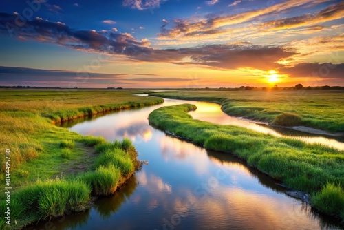 Scenic sunset over river flowing through grassy plain