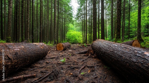 Lush forest scene featuring fallen logs in a serene woodland setting.