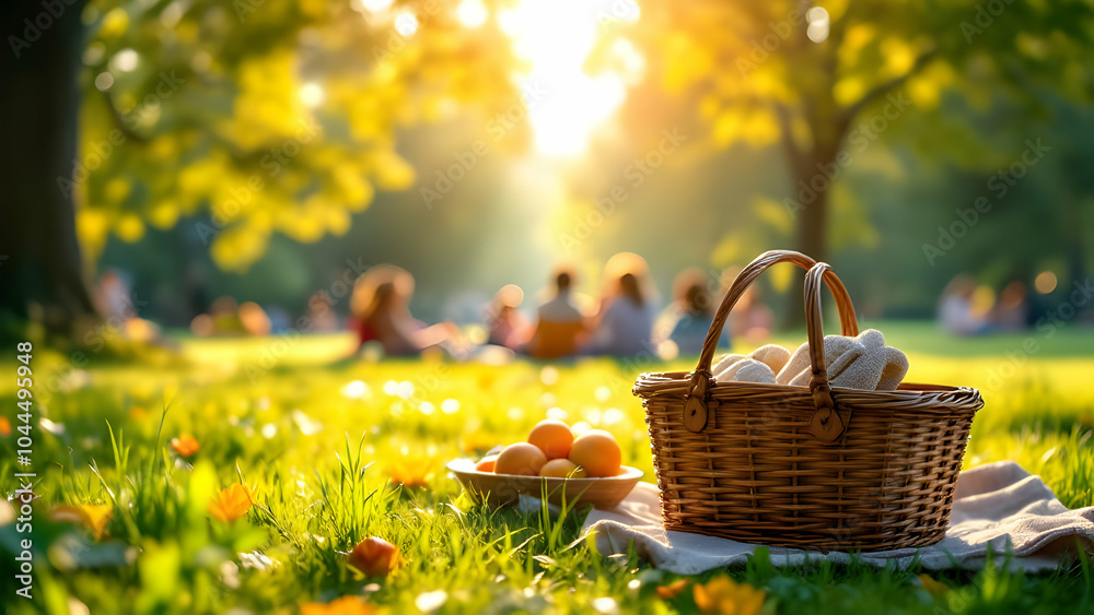 Picnic Basket with Food in Sunlit Park Picnic Basket with Food in Sunlit Park