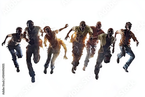 Group of running zombies isolated against white background 