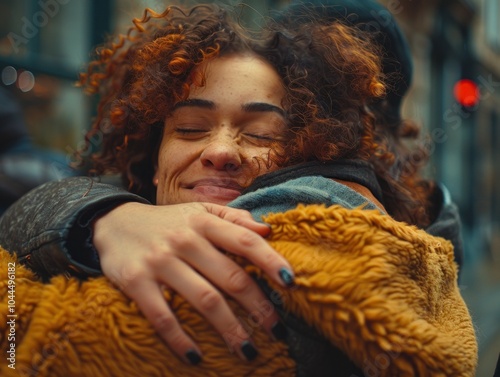 Two friends embrace in a warm, joyful hug, expressing their deep connection and shared happiness Their smiles radiate genuine affection, showcasing the power of friendship and support