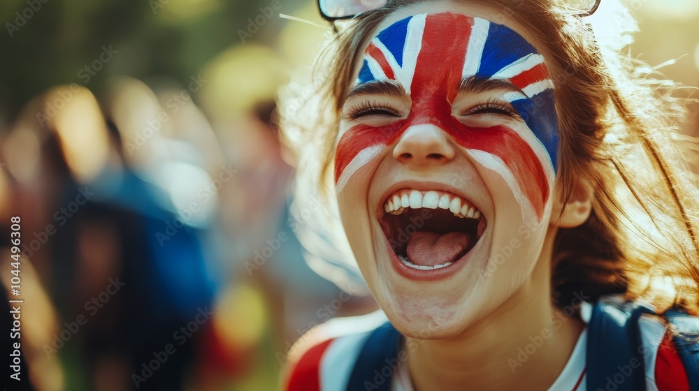 Patriotic Young Woman Cheering with British Flag Face Paint on Sunny Afternoon