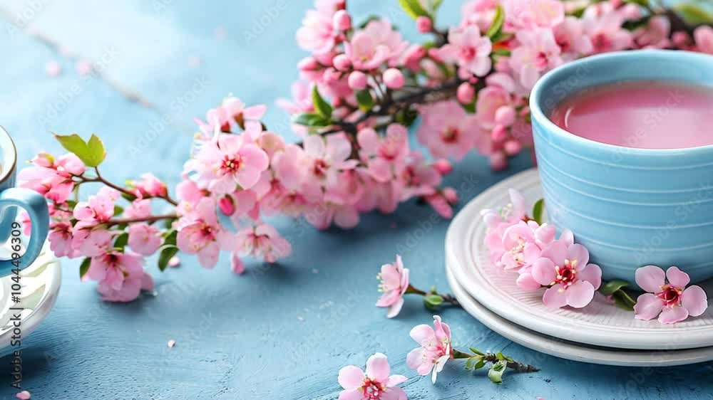 Delicate cherry blossoms are arranged around a light blue cup and saucer filled with herbal tea, creating a peaceful spring setting on a vibrant blue surface Delicate cherry blossoms are arranged around a light blue cup and saucer filled with herbal tea, creating a peaceful spring setting on a vibrant blue surface