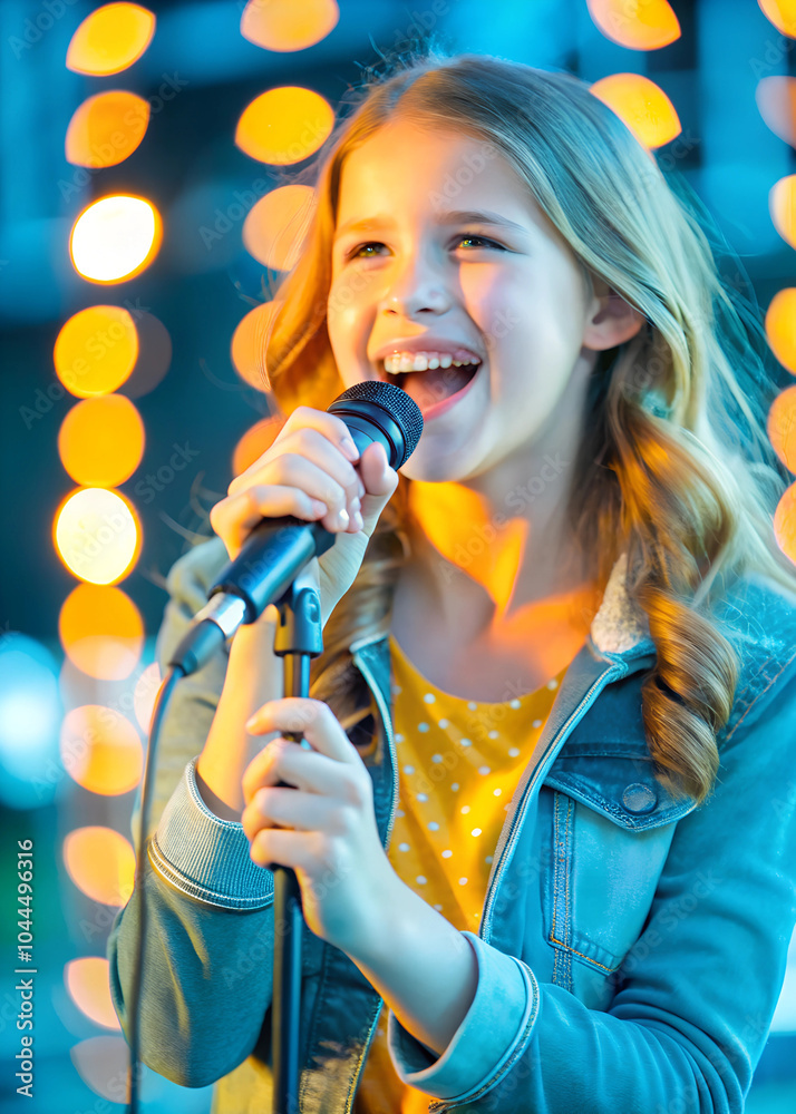 Teenage girl singing into a microphone, performing on a stage with bright lights Teenage girl singing into a microphone, performing on a stage with bright lights