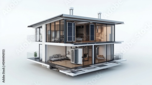 Modern architectural design of a stylish two-story house showcasing innovative living spaces with large windows and open interiors