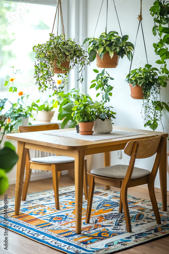 A cozy indoor garden embracing nature with a stylish dining space filled with lush greenery