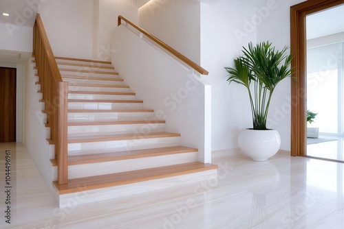 Modern staircase with wooden railing in bright interior space.