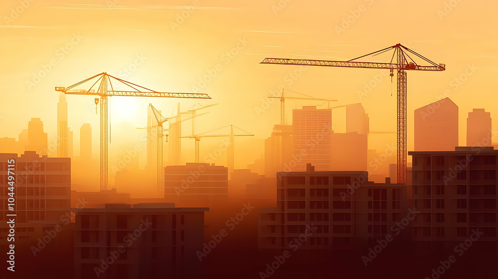 Golden Sunrise Over City Skyline with Cranes Golden Sunrise Over City Skyline with Cranes
