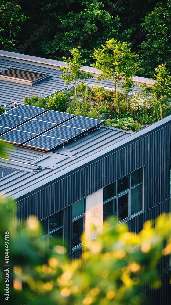 Obraz premium Modern Sustainable Building with Solar Panels and Green Roof