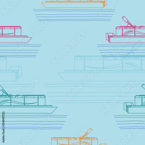 Editable Outline Style Side View Pontoon Boat on Calm Water Vector Illustration as Seamless Pattern for Creating Background of Transportation or Recreation Related Design