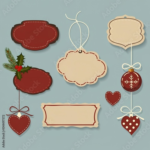 Collection of decorative Christmas tags and labels with various shapes on a blue background.