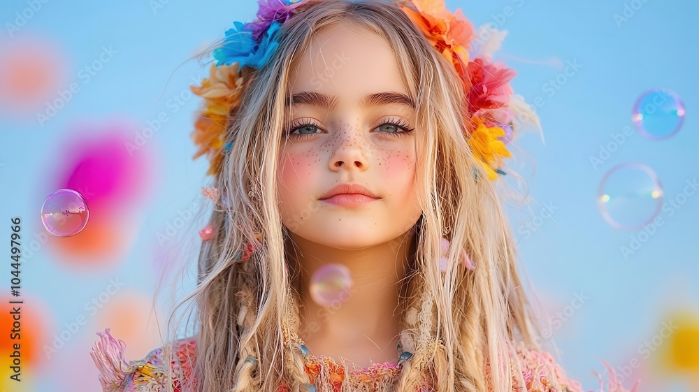 Portrait of a young girl with flower crown and bubbles in a colorful, dreamy background. Portrait of a young girl with flower crown and bubbles in a colorful, dreamy background.