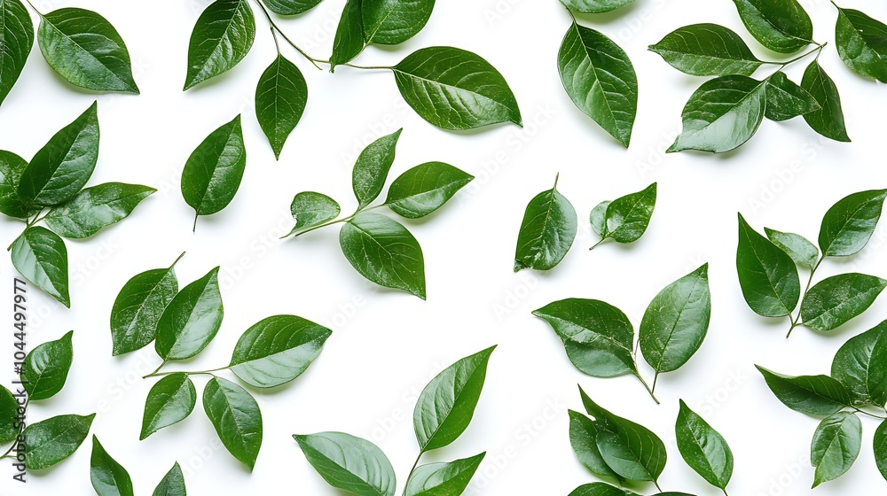 A scattering of green leaves on a white background, creating a simple and elegant composition. A scattering of green leaves on a white background, creating a simple and elegant composition.