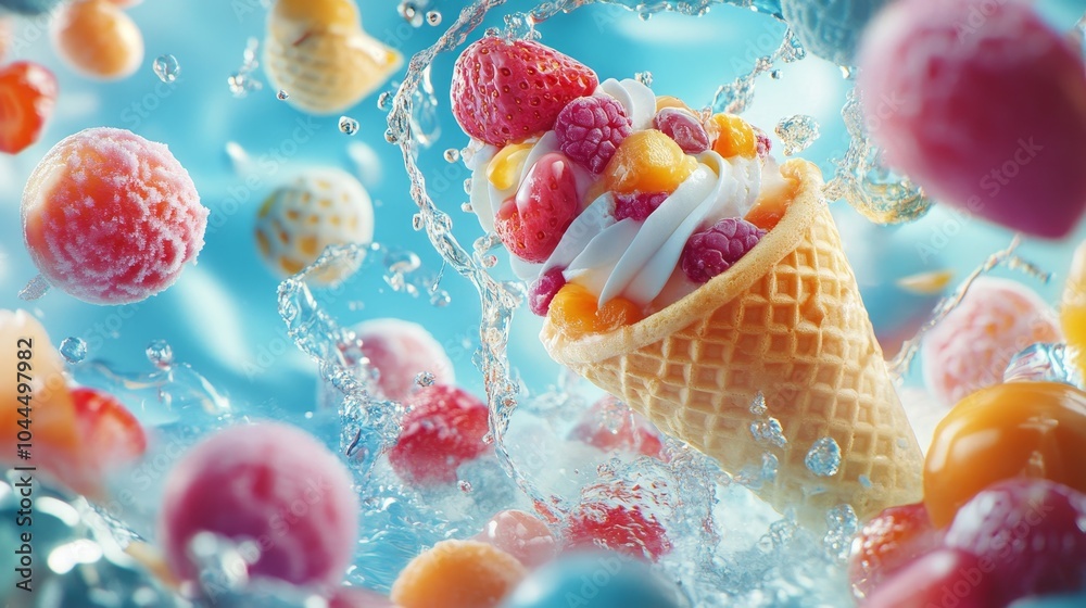 A vibrant ice cream cone surrounded by splashes and colorful scoops, conveying a fun, refreshing vibe. A vibrant ice cream cone surrounded by splashes and colorful scoops, conveying a fun, refreshing vibe.