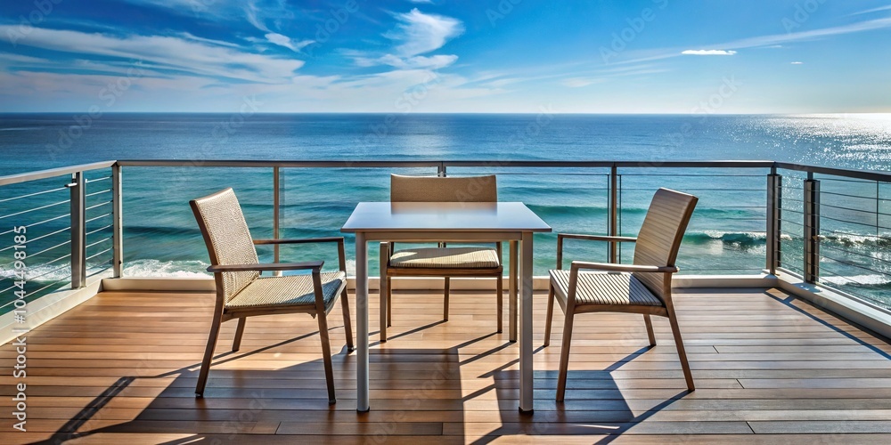 Scenic view of balcony table and chairs overlooking ocean Scenic view of balcony table and chairs overlooking ocean