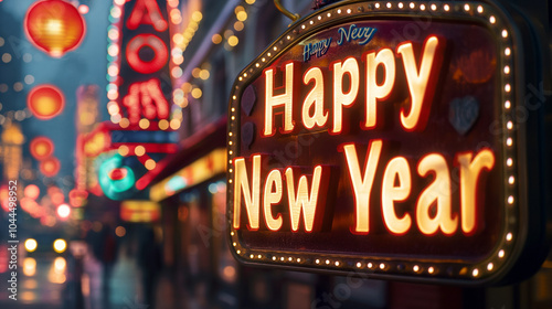 Illuminated Happy New Year Sign in City