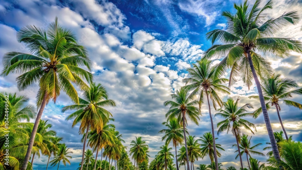 Obraz premium Scenic view of cloudy blue sky with trees and coconut palms